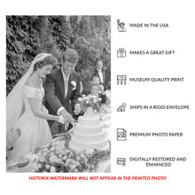 Load image into Gallery viewer, Digitally Restored and Enhanced 1953 JFK Wedding Photo Print - John and Jackie Kennedy Cutting Cake - Newport Rhode Island Ceremony - Archival Print
