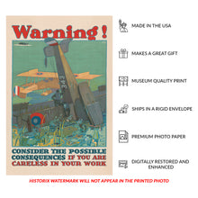 Load image into Gallery viewer, Digitally Restored and Enhanced 1917 WWI Industrial Safety Poster - Warning Careless Work - World War I Home Front Propaganda - Archival Print
