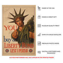 Load image into Gallery viewer, Digitally Restored and Enhanced 1917 Liberty Bond Poster - Statue of Liberty Lest I Perish WWI - First Liberty Loan Campaign - Archival Print
