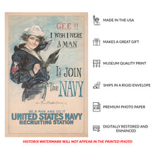 Load image into Gallery viewer, Digitally Restored and Enhanced 1917 WWI Navy Recruitment Poster Print - Gee I Wish I Were a Man - World War I Propaganda - Archival Print
