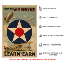 Cargar imagen en el visor de la galería, Digitally Restored and Enhanced 1917 WWI Aviation Recruitment Poster - Join the Air Service - World War I Military Pilot - Archival Print
