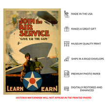 Load image into Gallery viewer, 1919 WWI Aviation Poster - Join Air Service Give Er the Gun - Post-War Military Recruitment - Archival Print
