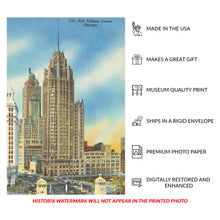Load image into Gallery viewer, Digitally Restored and Enhanced 1950 Tribune Tower Chicago Print - Gothic Skyscraper Architecture - Michigan Avenue Landmark - Archival Print
