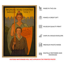 Cargar imagen en el visor de la galería, Digitally Restored and Enhanced 1917 WWI Women's Recruitment Poster - Woman Your Country Needs You - World War I Propaganda - Archival Print
