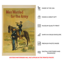 Cargar imagen en el visor de la galería, Digitally Restored and Enhanced 1910 Army Cavalry Recruitment Poster - Men Wanted Soldier on Horseback - Pre WWI Equestrian Military - Archival Print
