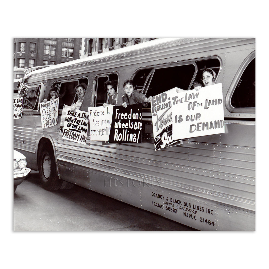 Digitally Restored and Enhanced 1961 Freedom Ride Protest Print Photo - Freedom Riders Group Hang Sign on Side of Bus Windows Vintage Poster Photo Print