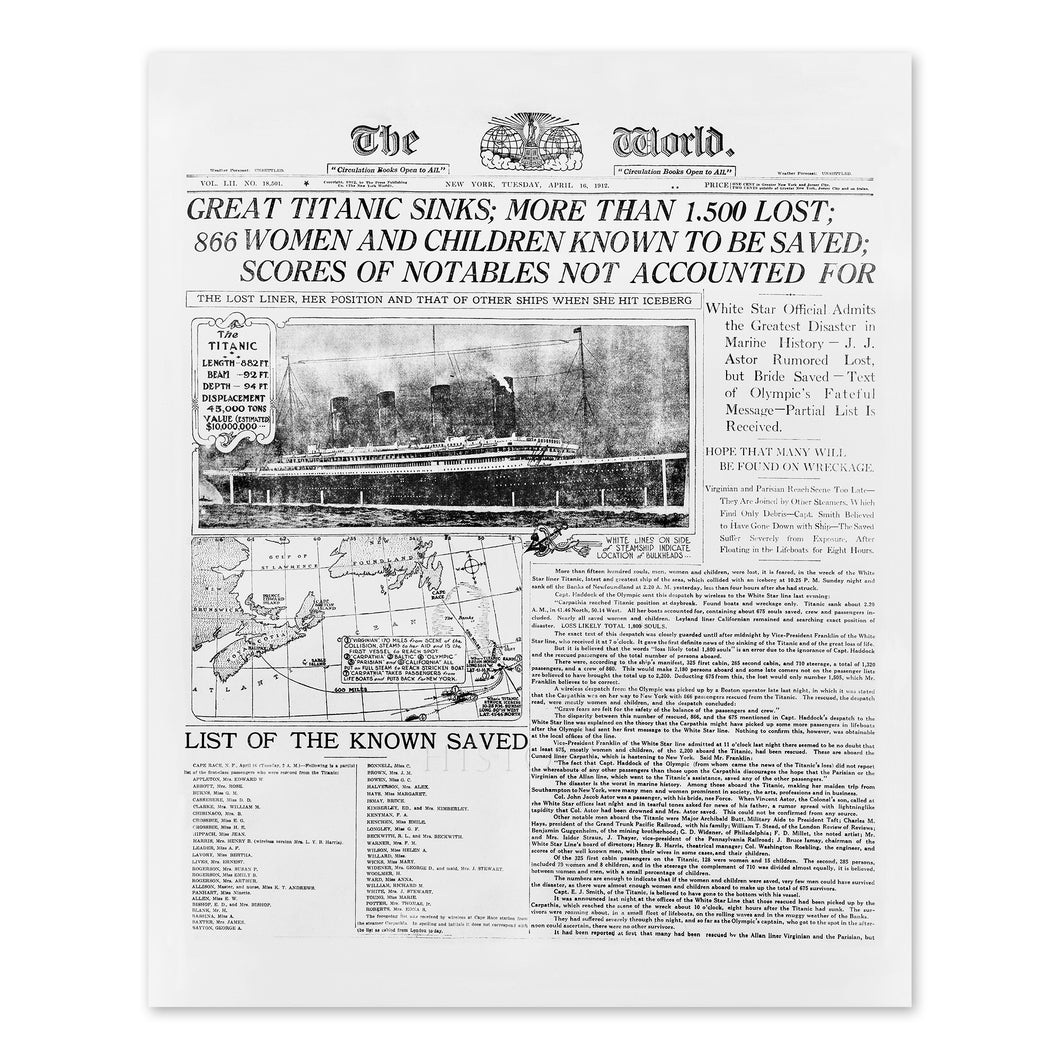 Digitally Restored and Enhanced 1958 Photograph of The World Newspaper Headlining The Sinking of The Titanic - Titanic on Vintage Newspaper Photo Print