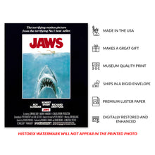 Load image into Gallery viewer, Digitally Restored and Enhanced 1975 Jaws Movie Poster Matte - Vintage Movie Poster of Box Office Movie Jaws Print Wall Art - Jaws Movie Memorabilia Poster
