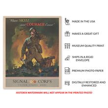Cargar imagen en el visor de la galería, Digitally Restored and Enhanced 1942 US Army Signal Corps Poster Print - Where Skill and Courage Count Signal Corps World War II Vintage Wall Art Poster
