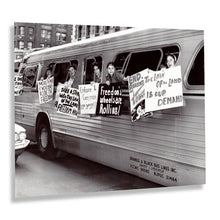 Load image into Gallery viewer, Digitally Restored and Enhanced 1961 Freedom Ride Protest Print Photo - Freedom Riders Group Hang Sign on Side of Bus Windows Vintage Poster Photo Print
