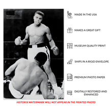 Load image into Gallery viewer, Digitally Restored and Enhanced 1934 Muhammad Ali VS Sonny Liston Poster Photo - Old Photo Print of The Greatest Muhammad Ali Standing Over Sonny Liston
