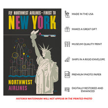 Load image into Gallery viewer, Digitally Restored and Enhanced 1950 New York Northwest Airlines Travel Poster - Statue of Liberty Skyline - Mid-Century Domestic Aviation - Archival Print
