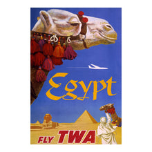 Load image into Gallery viewer, Digitally Restored and Enhanced 1960 Egypt Fly TWA Travel Poster - Pyramids Sphinx Camel - Mid-Century Jet Age Aviation Art - Archival Print

