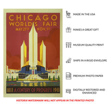 Load image into Gallery viewer, Digitally Restored and Enhanced 1933 Chicago Worlds Fair Century of Progress Art Deco Poster - International Exposition History - Archival Reproduction
