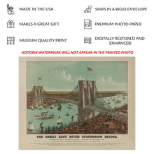 Load image into Gallery viewer, Digitally Restored and Enhanced 1890 Great East River Bridge Print - Currier Ives Brooklyn New York Suspension Landmark - Gilded Age - Archival Print
