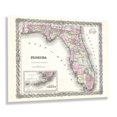 Digitally Restored and Enhanced 1855 Florida Map Poster - Vintage Florida Map Wall Art Print - History Map of Florida Poster - Old Map of Florida Wall Art