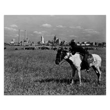 Load image into Gallery viewer, Digitally Restored and Enhanced 1945 Dallas Texas Skyline Print - Cowboy Cattle Western Cityscape - WWII Era Frontier Meets City - Archival Print
