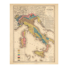 Load image into Gallery viewer, Digitally Restored and Enhanced 1844 Collegno Geological Map of Italy Print - Scientific Rock Formations Alps Sicily Volcanoes - Victorian Era - Archival Print
