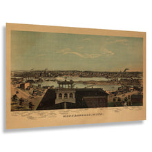 Load image into Gallery viewer, Digitally Restored and Enhanced 1874 Minneapolis Minnesota Bird's Eye View Map - Mississippi River Milling Town - Frontier Era Cityscape - Archival Reproduction
