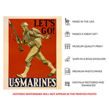 Cargar imagen en el visor de la galería, Digitally Restored and Enhanced 1941 Lets Go US Marines Poster Print - WWII Recruitment Military Pearl Harbor Era Art - Home Front - Archival Print
