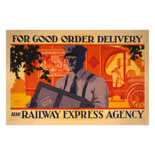 Load image into Gallery viewer, Digitally Restored and Enhanced 1929 Railway Express Agency Poster - Good Order Delivery - Commercial Rail Shipping Advertising - Archival Print
