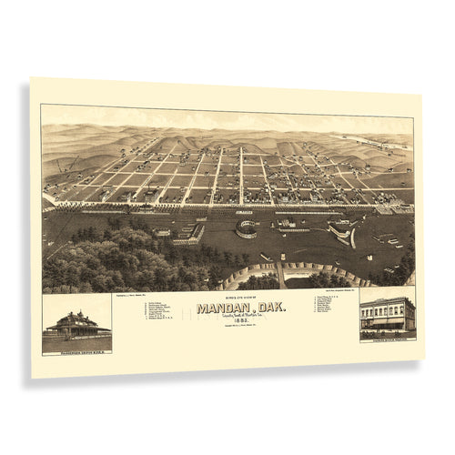 Digitally Restored and Enhanced 1883 Mandan North Dakota Map Poster - Old Bird's Eye View of Mandan City Morton County North Dakota State Map Wall Art