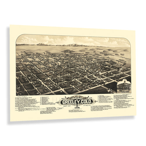 Digitally Restored and Enhanced 1882 Greeley Colorado Map Print - Bird's Eye View of Greeley Weld County Map of Colorado Wall Art Poster