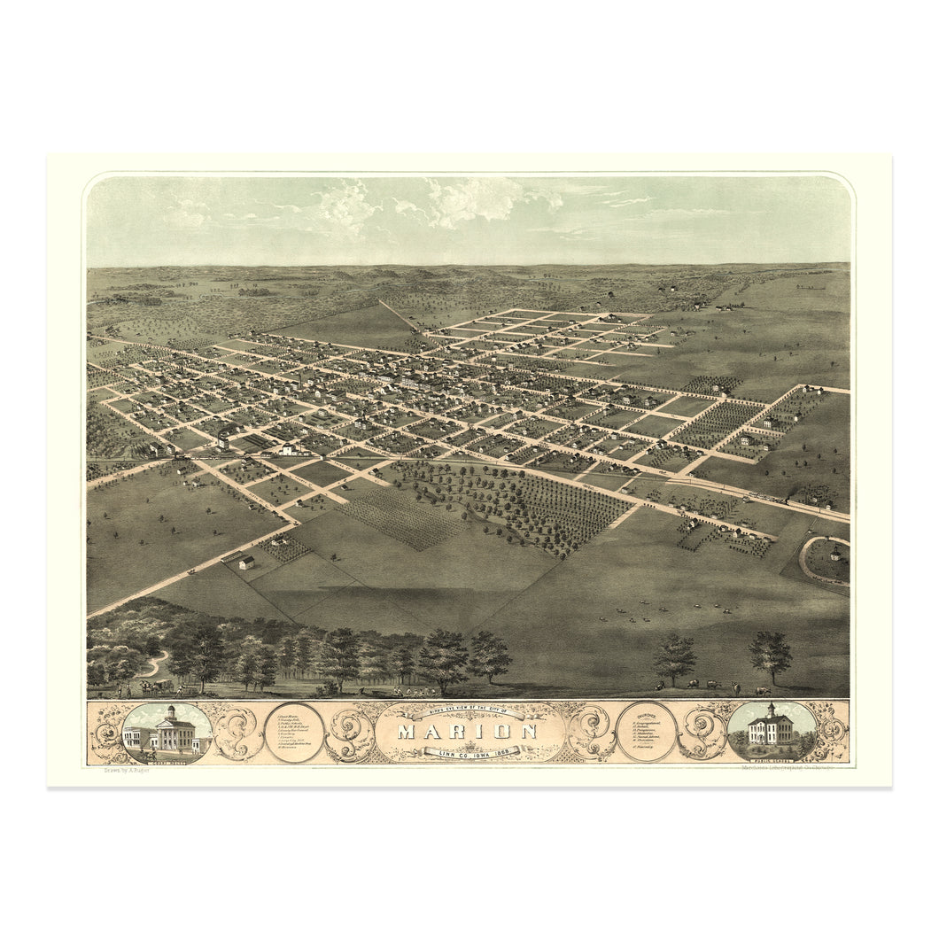 Digitally Restored and Enhanced 1868 Marion Iowa Map Poster - Bird's Eye View of Marion Iowa Wall Map - Vintage Map of Iowa State Poster Wall Art Print