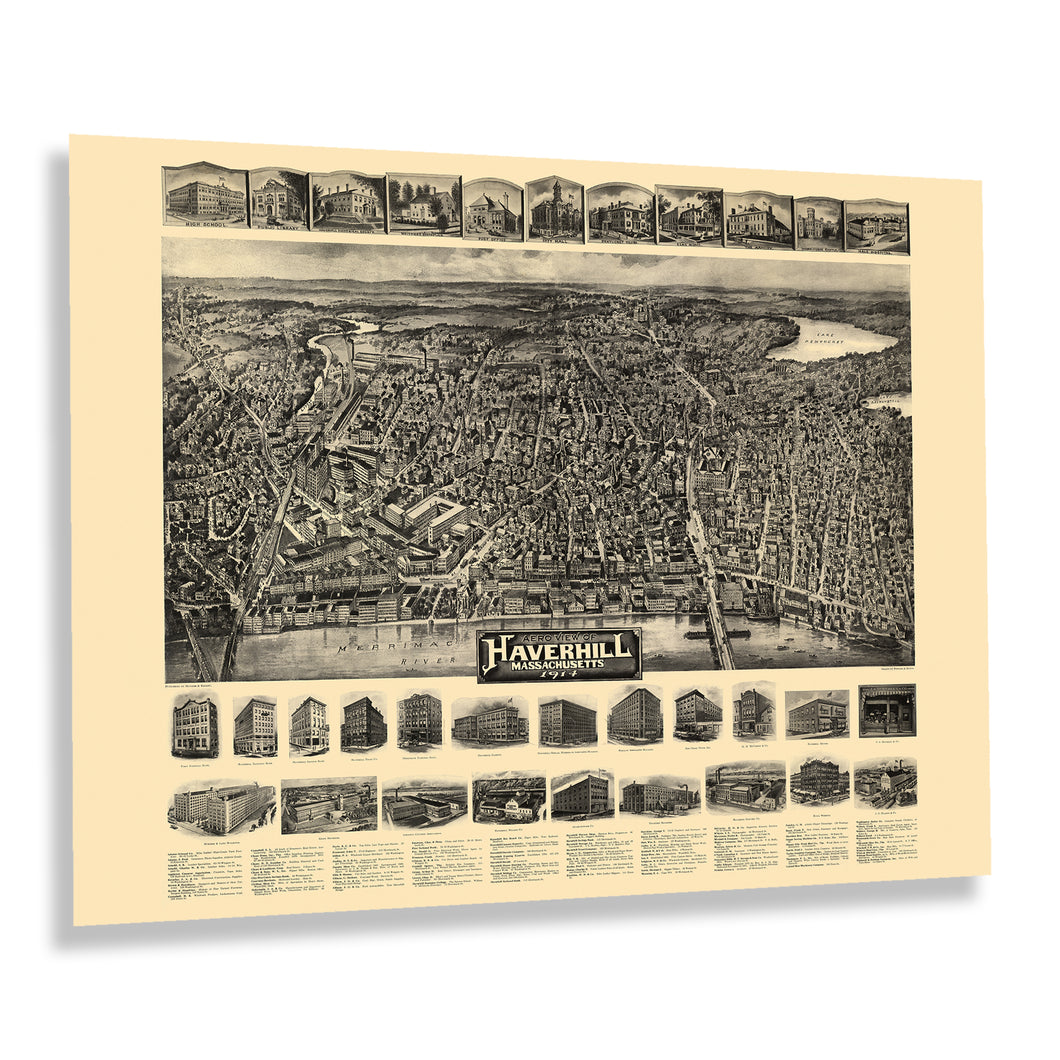 Digitally Restored and Enhanced 1914 Haverhill Massachusetts Map Poster - Aero View of Haverhill Massachusetts Wall Art Print - Vintage Haverhill MA Map