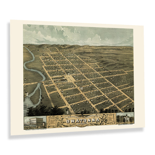 Digitally Restored and Enhanced 1870 Owatonna Minnesota Map Print - Historic Bird's Eye View of Owatonna Steele County Map of Minnesota Poster Wall Art