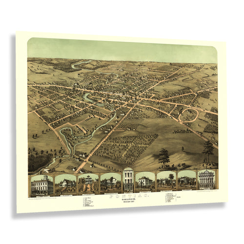 Digitally Restored and Enhanced 1867 Pontiac Michigan Map Print - Bird's Eye View of Pontiac Oakland County Michigan Map - Vintage Michigan Map Wall Art