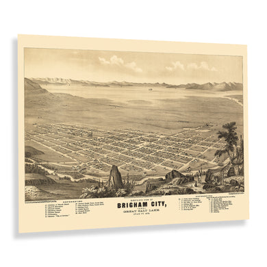 Digitally Restored and Enhanced 1875 Brigham City and Great Salt Lake Utah Map Poster - Vintage Bird's Eye View Map of Utah Print Wall Art Poster