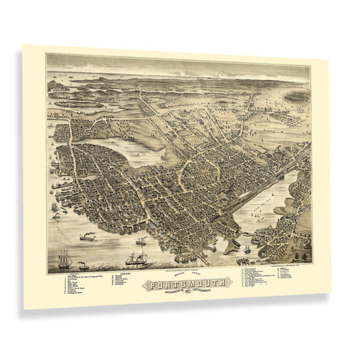 Digitally Restored and Enhanced 1877 Portsmouth New Hampshire Map Print - Vintage Bird's Eye View of Portsmouth City Rockingham County NH Map Poster