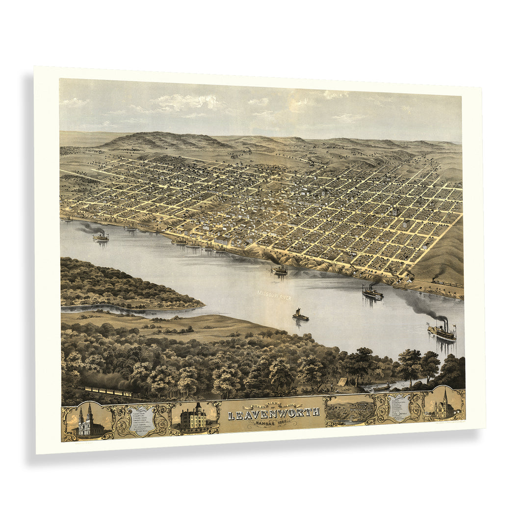 Digitally Restored and Enhanced 1869 Leavenworth Kansas Map Print - Vintage Bird's Eye View of Leavenworth City Map of Kansas State Wall Art Poster