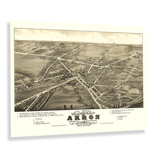 Digitally Restored and Enhanced 1882 Sixth Ward of Akron Ohio Map Poster - Vintage Bird's Eye View of Middlebury Summit County Ohio Map Wall Art Print