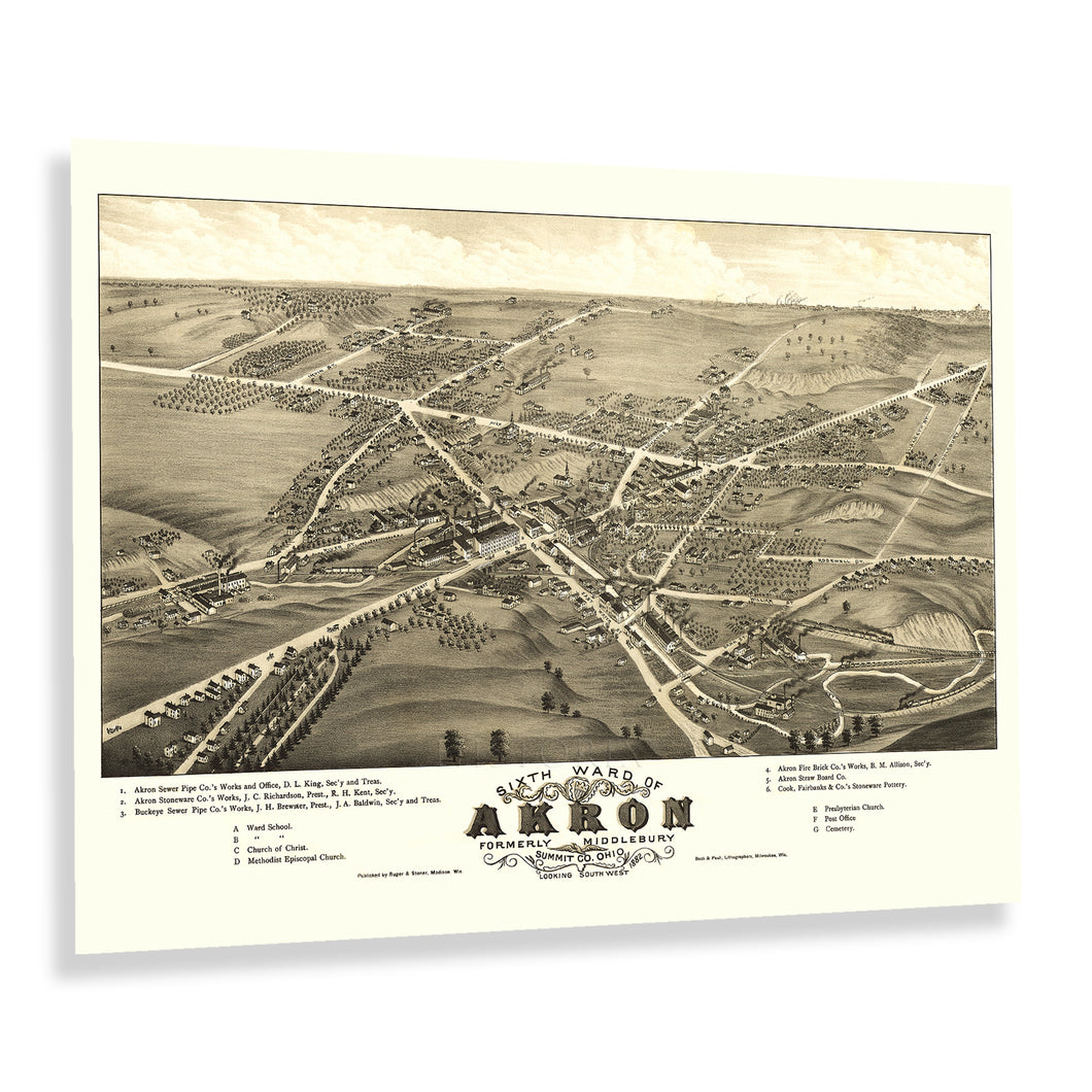 Digitally Restored and Enhanced 1882 Sixth Ward of Akron Ohio Map Poster - Vintage Bird's Eye View of Middlebury Summit County Ohio Map Wall Art Print