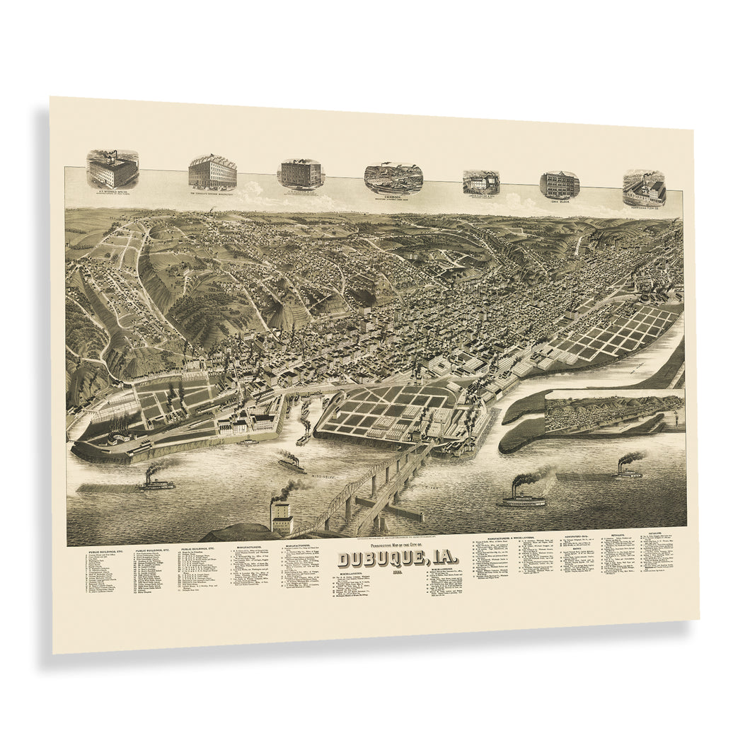 Digitally Restored and Enhanced 1889 Dubuque Iowa Map Poster - Vintage Perspective Map of Dubuque City Iowa Poster Print - History Map of Iowa Wall Art