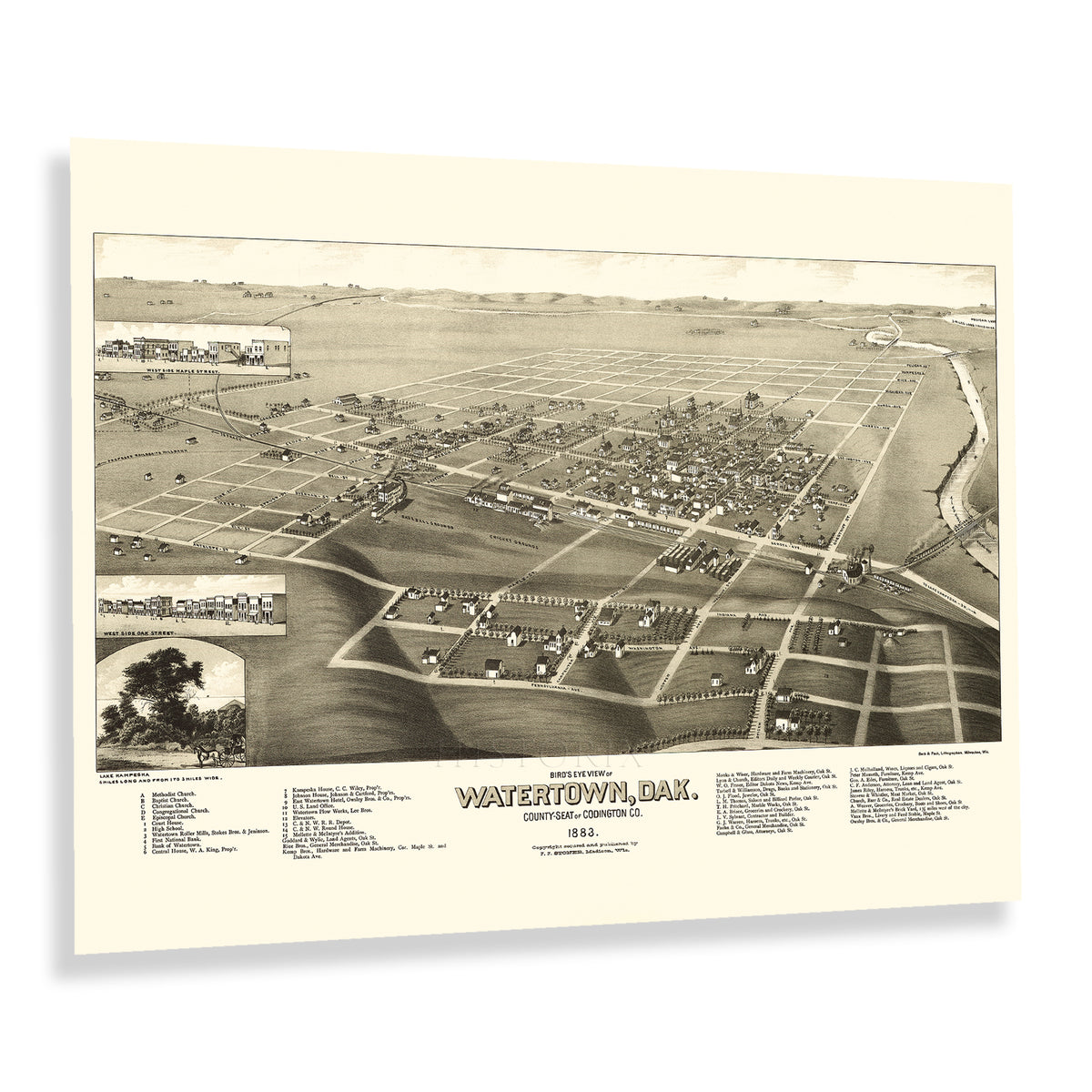 1883 Watertown Codington County South Dakota Bird's Eye View Map Print ...