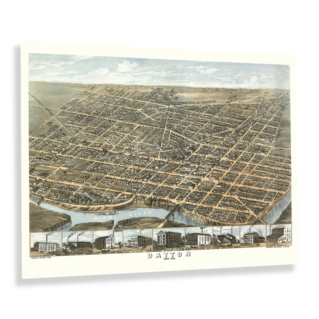 Digitally Restored and Enhanced 1870 Dayton Ohio Map Poster - Vintage Bird's Eye View Perspective Map of Dayton Ohio - Old Map of Ohio Wall Art Print