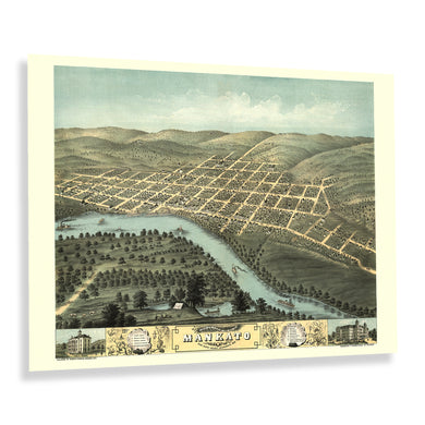 Digitally Restored and Enhanced 1870 Mankato City Blue Earth County Minnesota Map Poster - Vintage Bird's Eye View Map of Minnesota Poster Wall Art Print