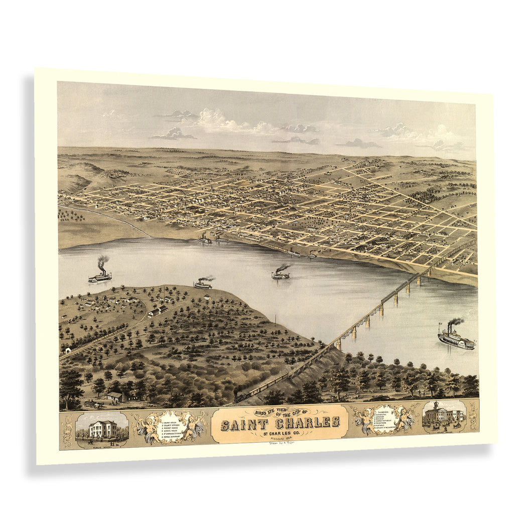 Digitally Restored and Enhanced 1869 Saint Charles Missouri Map Poster - Old Bird's Eye View Map of St Charles MO - Vintage Map of Missouri Wall Art Print