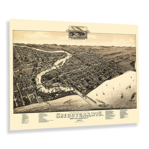 Digitally Restored and Enhanced 1885 Sheboygan City Wisconsin Map Poster - Historic Bird's Eye View of Sheboygan Map of Wisconsin State Print Wall Art