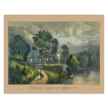 Load image into Gallery viewer, Digitally Restored and Enhanced 1856 The Cottage by the Cliff Print - Currier Ives Moonlit River Victorian Domestic Art - Hearthside - Archival Print
