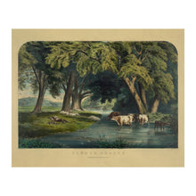 Cargar imagen en el visor de la galería, Digitally Restored and Enhanced 1859 Summer Shades Print - Currier Ives Pastoral Cows Stream Shepherd Antebellum Art - Country Life - Archival Print
