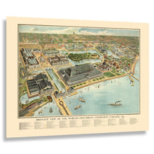 Cargar imagen en el visor de la galería, Digitally Restored and Enhanced 1893 Chicago Worlds Columbian Exposition Map - Gilded Age - Birds Eye View Art - Jackson Park Illinois Lakefront
