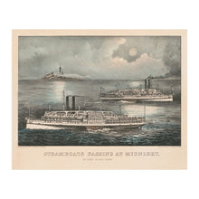 Load image into Gallery viewer, Digitally Restored and Enhanced 1870 Steamboats Passing at Midnight Print - Currier Ives Long Island Sound Maritime Moon - Gilded Age - Archival Print
