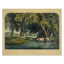 Cargar imagen en el visor de la galería, Digitally Restored and Enhanced 1859 Summer Shades Print - Currier Ives Pastoral Cows Stream Shepherd Antebellum Art - Country Life - Archival Print

