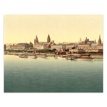 Cargar imagen en el visor de la galería, Digitally Restored and Enhanced 1890 Mainz Rhine Bridge Germany Print - Photochrom Gutenberg City River Waterfront Cathedral - Victorian Era - Archival Print
