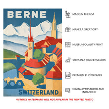 Cargar imagen en el visor de la galería, Digitally Restored and Enhanced 1935 Berne Switzerland Travel Poster - Medieval Old Town Cityscape - 1930s European Tourism Art - Swiss Plateau Aare River Region
