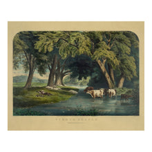 Cargar imagen en el visor de la galería, Digitally Restored and Enhanced 1859 Summer Shades Print - Currier Ives Pastoral Cows Stream Shepherd Antebellum Art - Country Life - Archival Print
